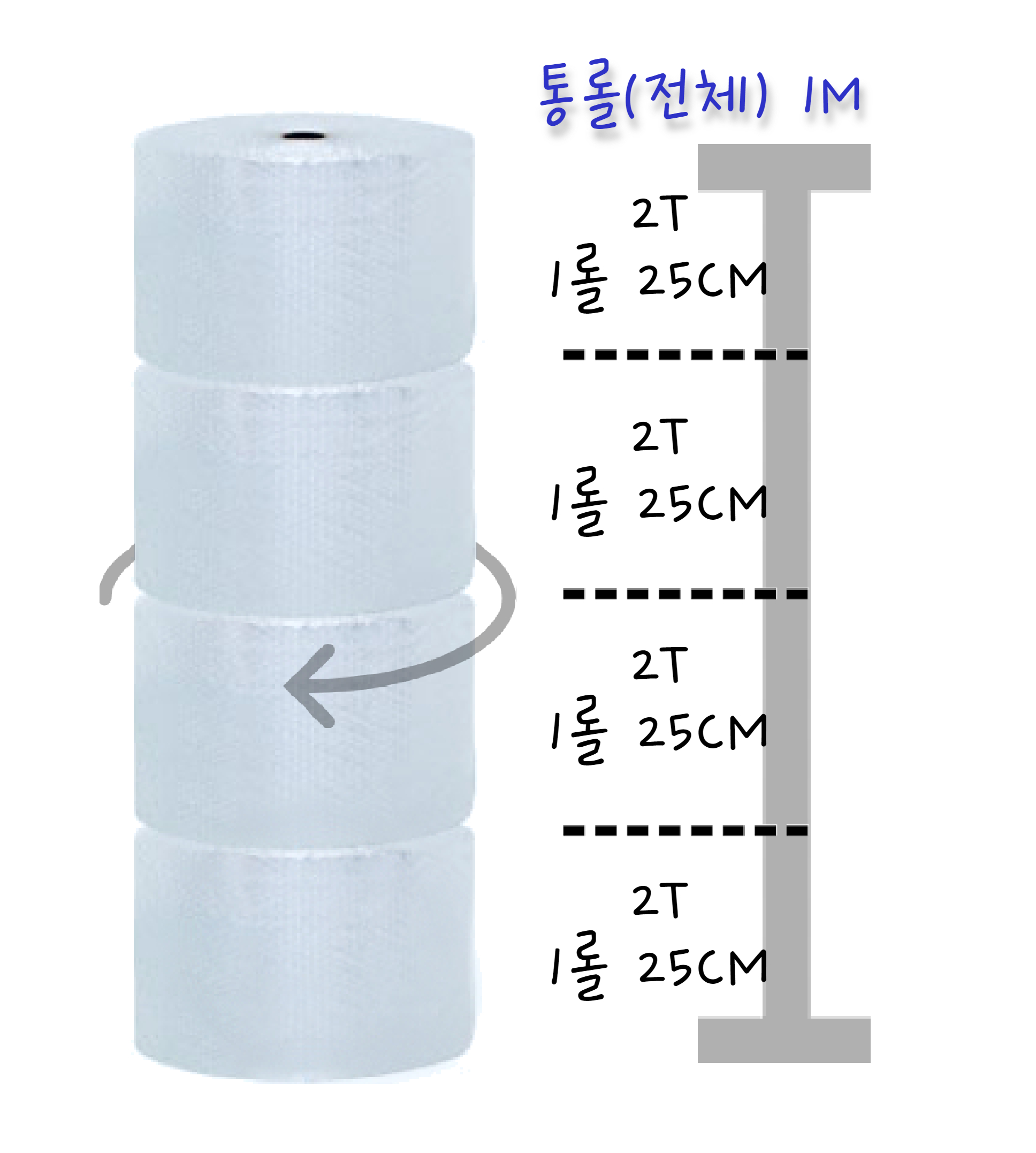 에어캡 뽁뽁이 2T 4등분 100묶음 (폭25cm x 50m)